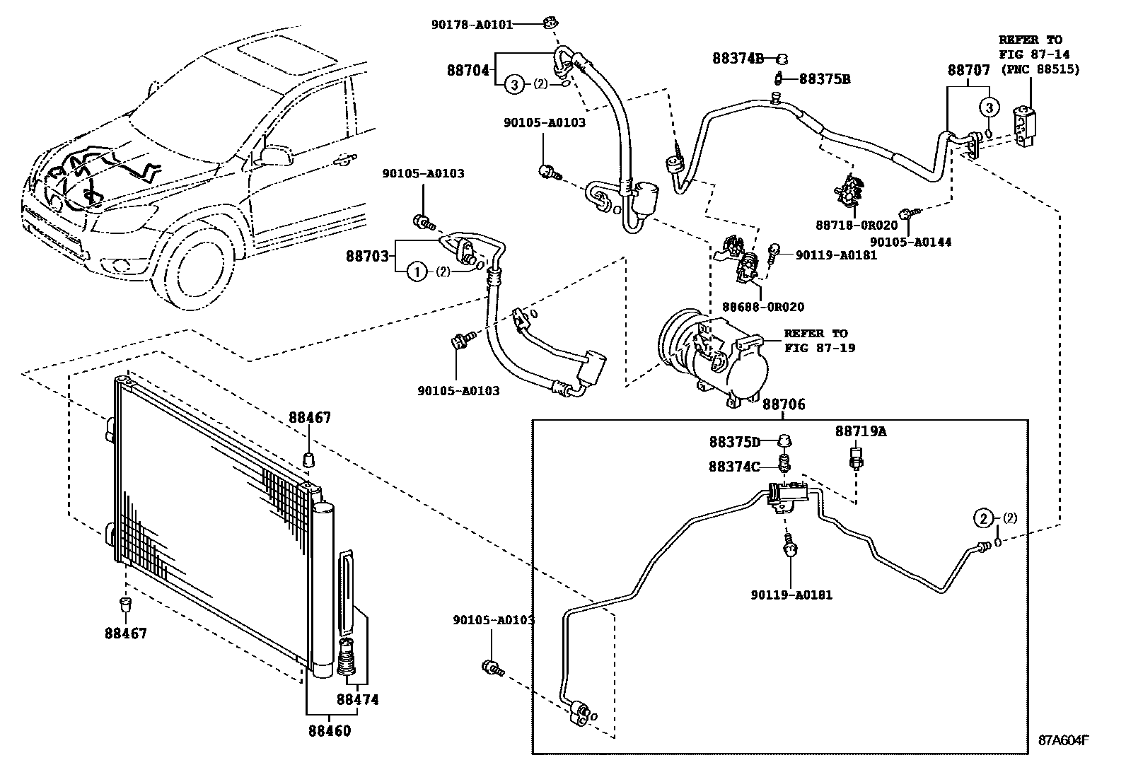 Toyota RAV4 Heating & Air Conditioning - Cooler Piping EPC diagram — 87A604F
