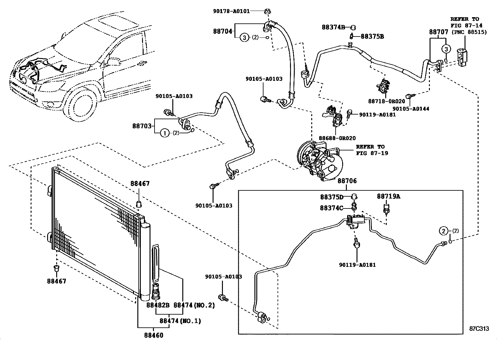 Toyota RAV4 Heating & Air Conditioning - Cooler Piping EPC diagram — 87C313