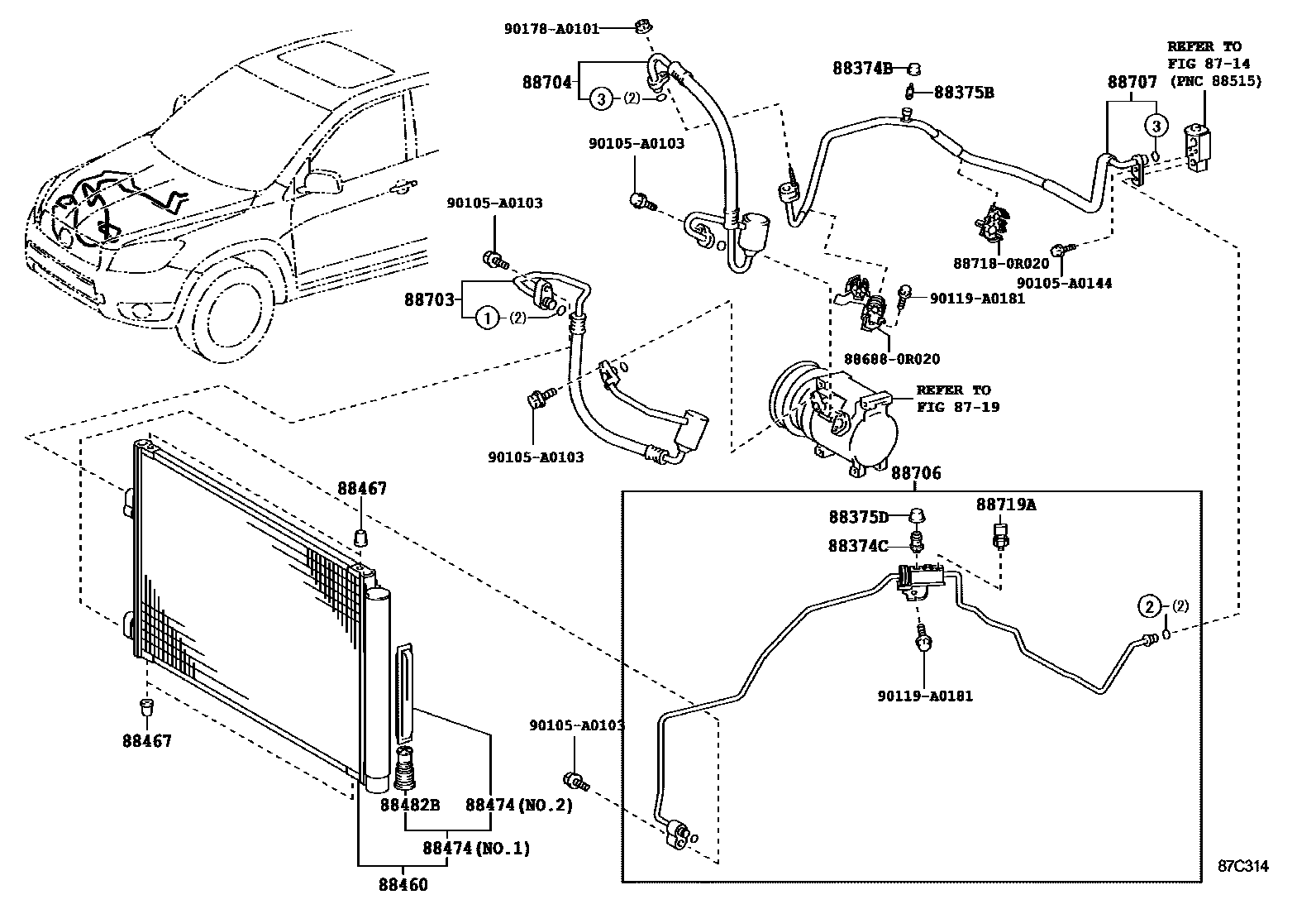 Toyota RAV4 Heating & Air Conditioning - Cooler Piping EPC diagram — 87C314