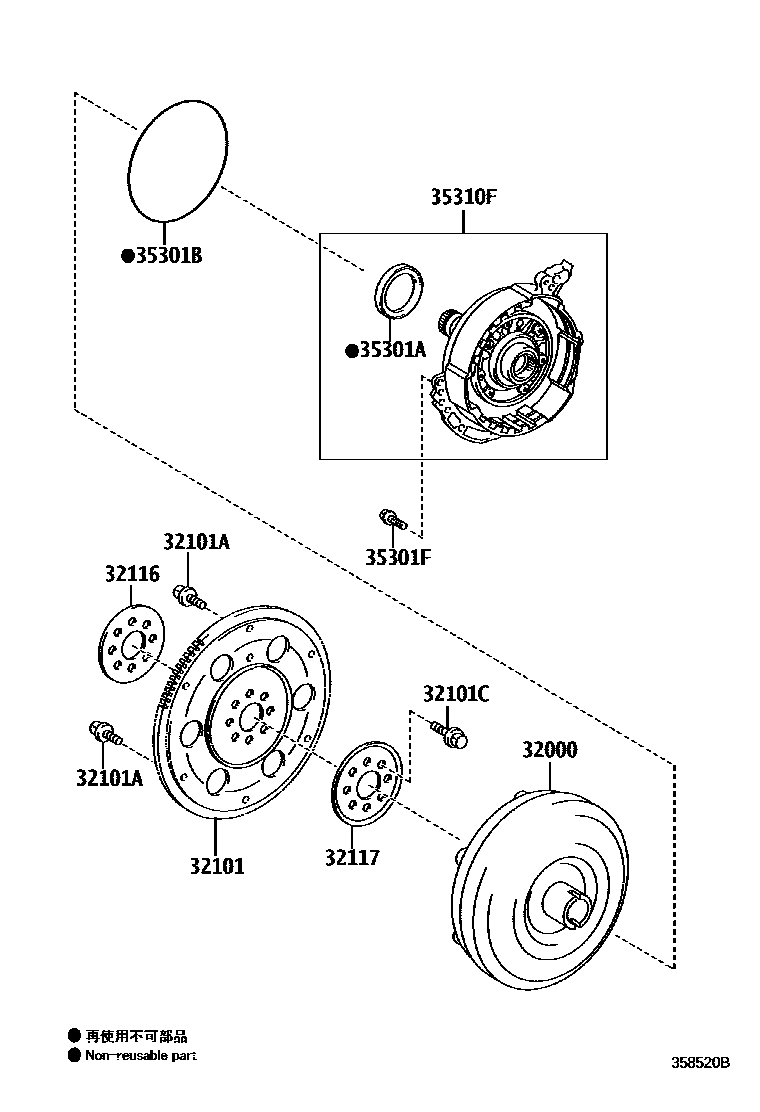 Toyota RAV4 变矩器、前油泵和链条(ATM) EPC diagram — 358520B