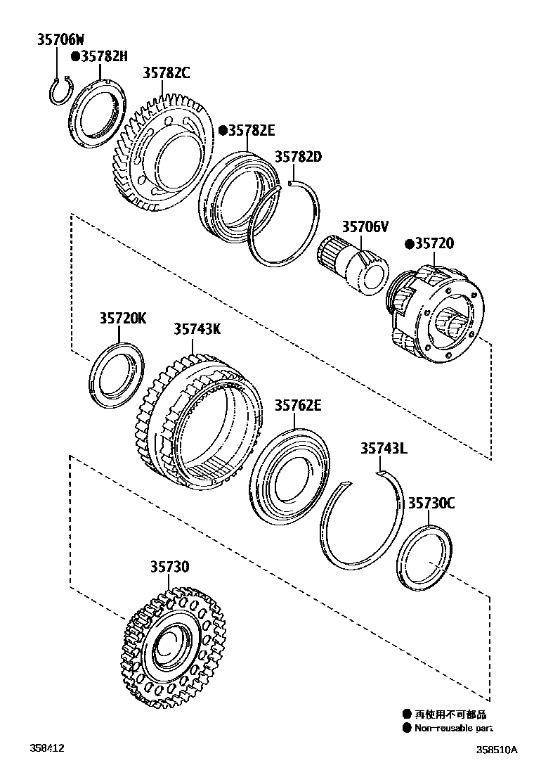 Toyota RAV4 行星齿轮、倒档活塞和中间轴齿轮(ATM) EPC diagram — 358510A