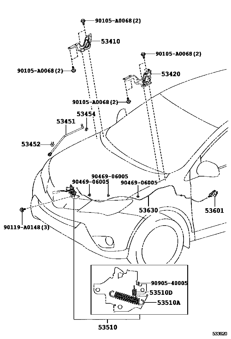 Toyota RAV4 发动机盖锁和铰链 EPC diagram — 533920
