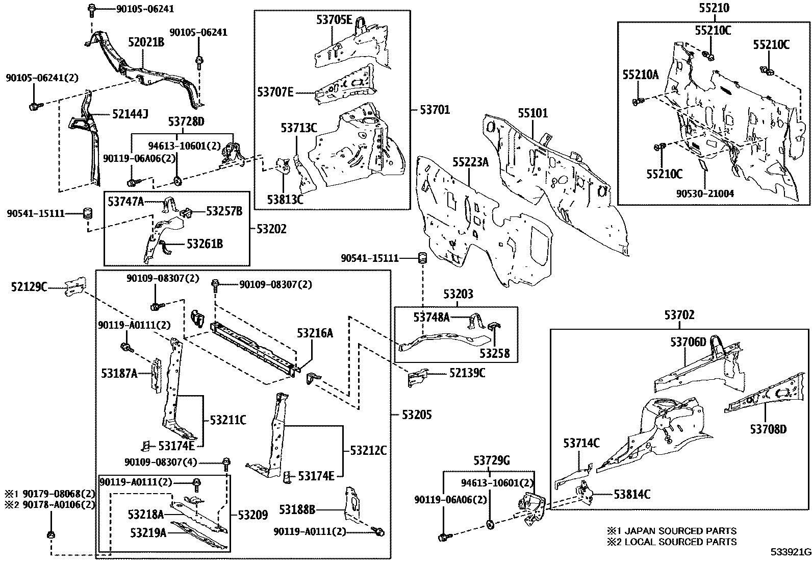 Toyota RAV4 前翼子板挡泥板和前围板 EPC diagram — 533921G