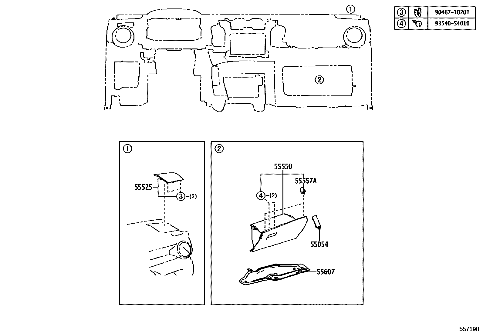 Toyota RAV4 仪表板和手套箱 EPC diagram — 557198