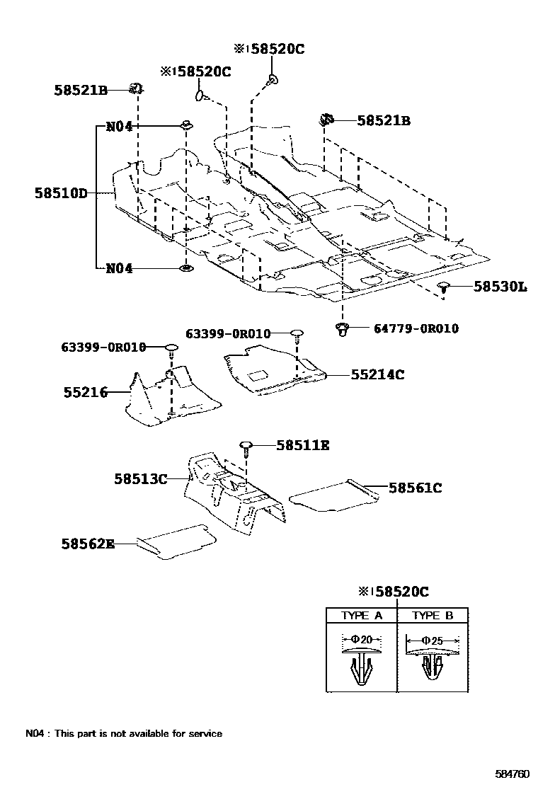 Toyota RAV4 地板垫和消声垫 EPC diagram — 584760