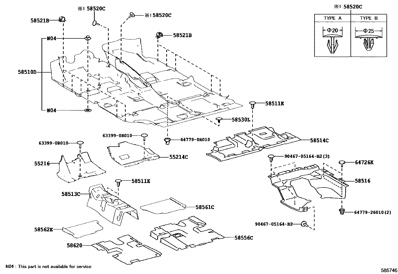 Toyota RAV4 地板垫和消声垫 EPC diagram — 585746