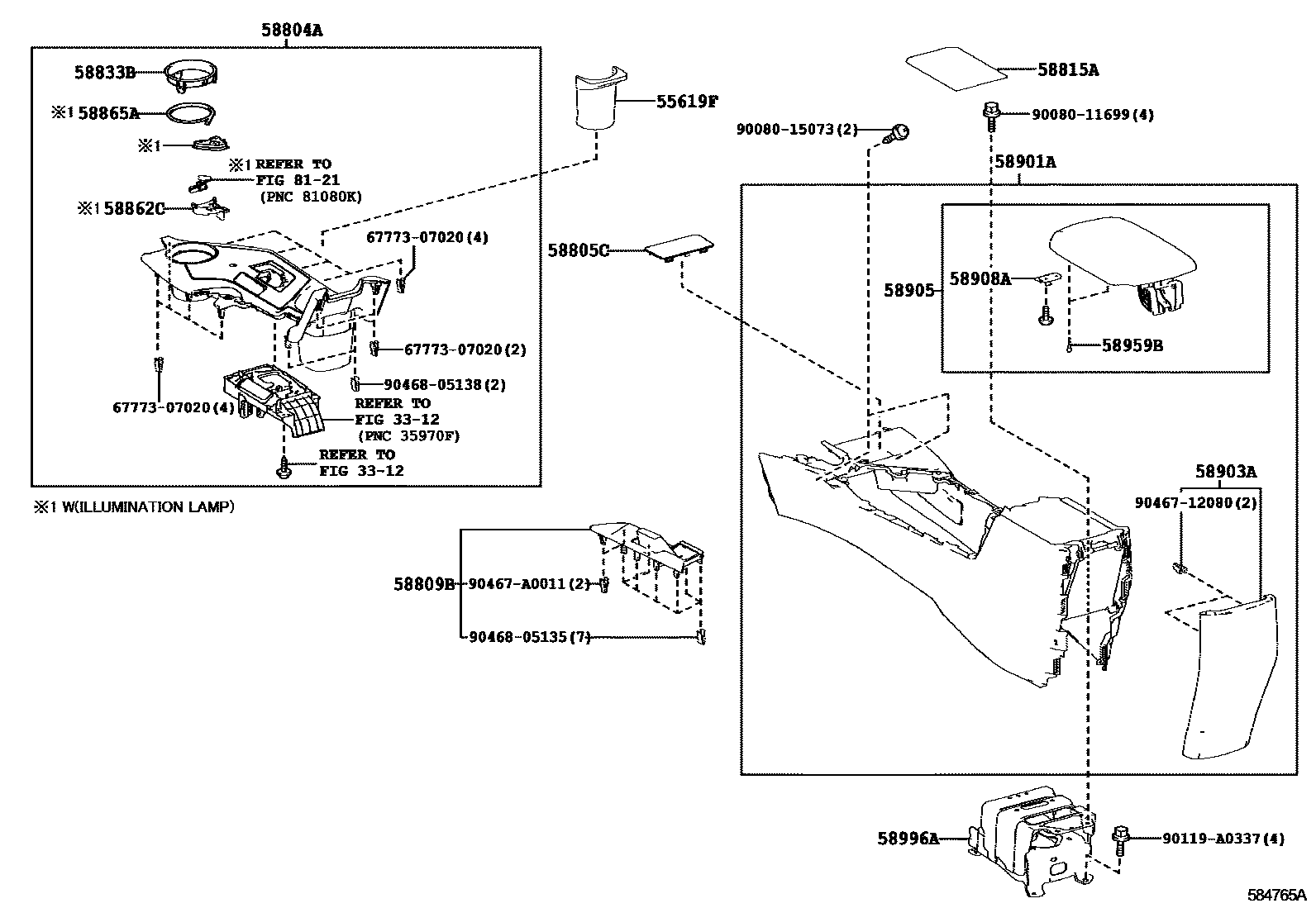 Toyota RAV4 中央扶手箱和支架 EPC diagram — 584765A