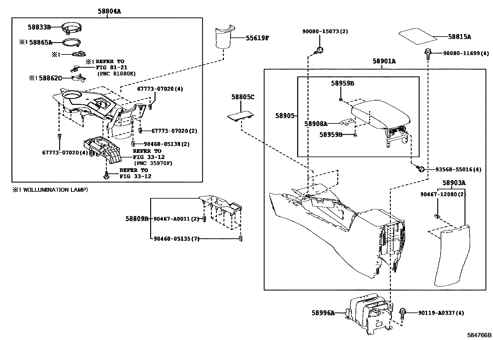 Toyota RAV4 中央扶手箱和支架 EPC diagram — 584766B