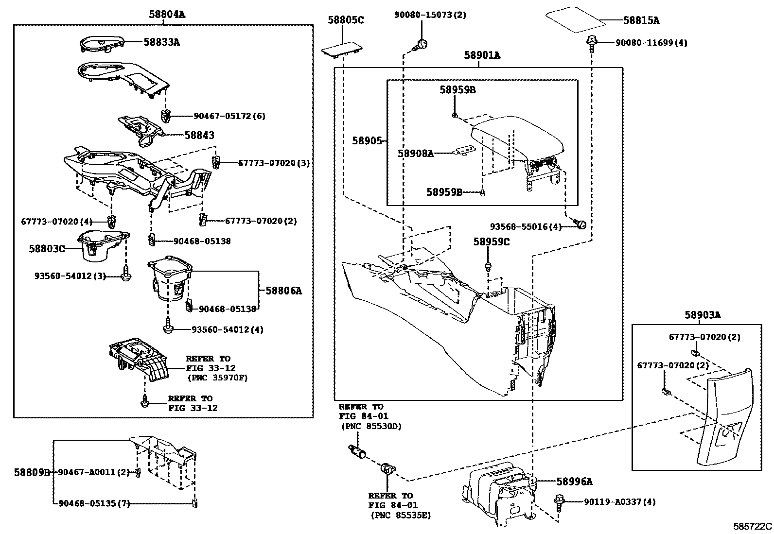 Toyota RAV4 中央扶手箱和支架 EPC diagram — 585722C