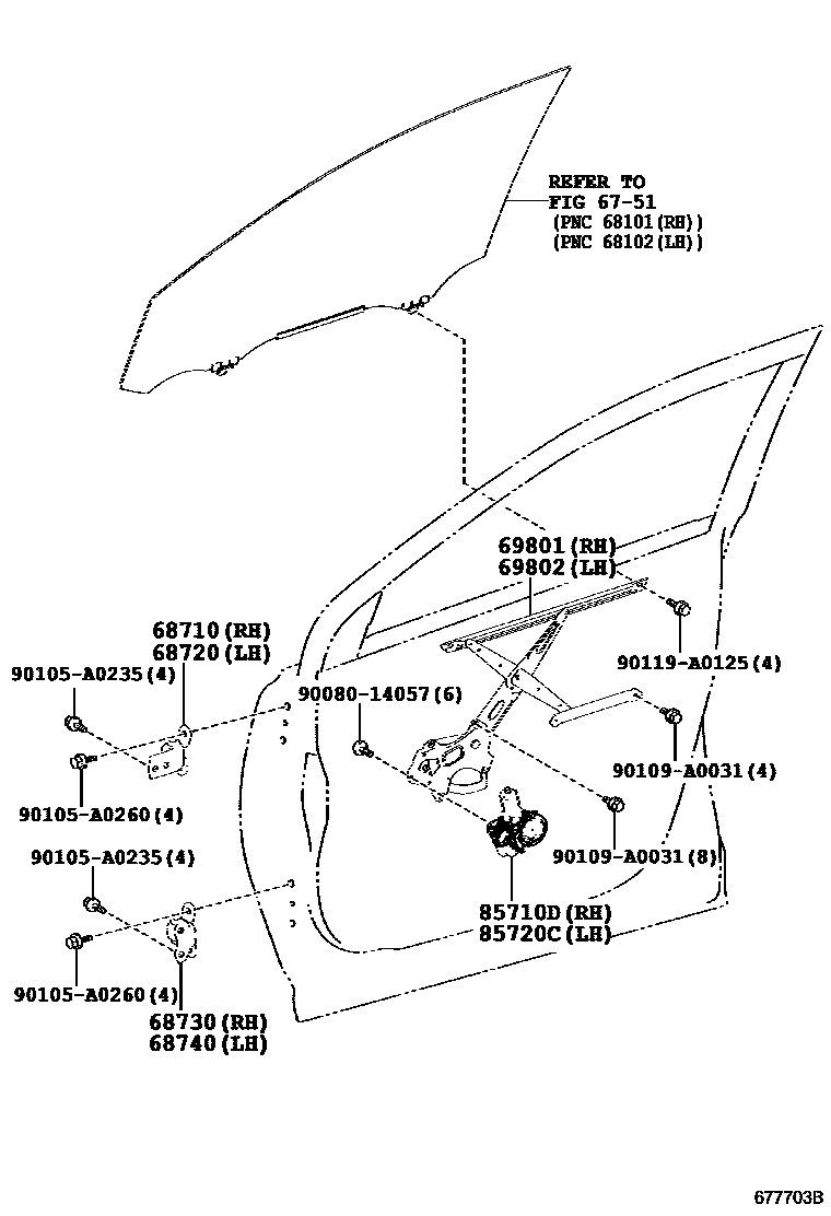 Toyota RAV4 前门车窗升降器和合页 EPC diagram — 677703B