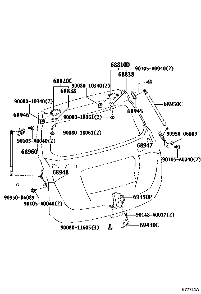 Toyota RAV4 背门锁和合页 EPC diagram — 677711A