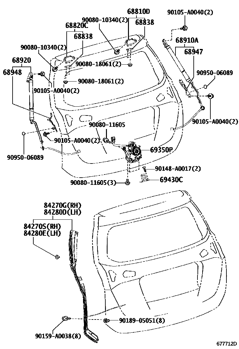 Toyota RAV4 背门锁和合页 EPC diagram — 677712D