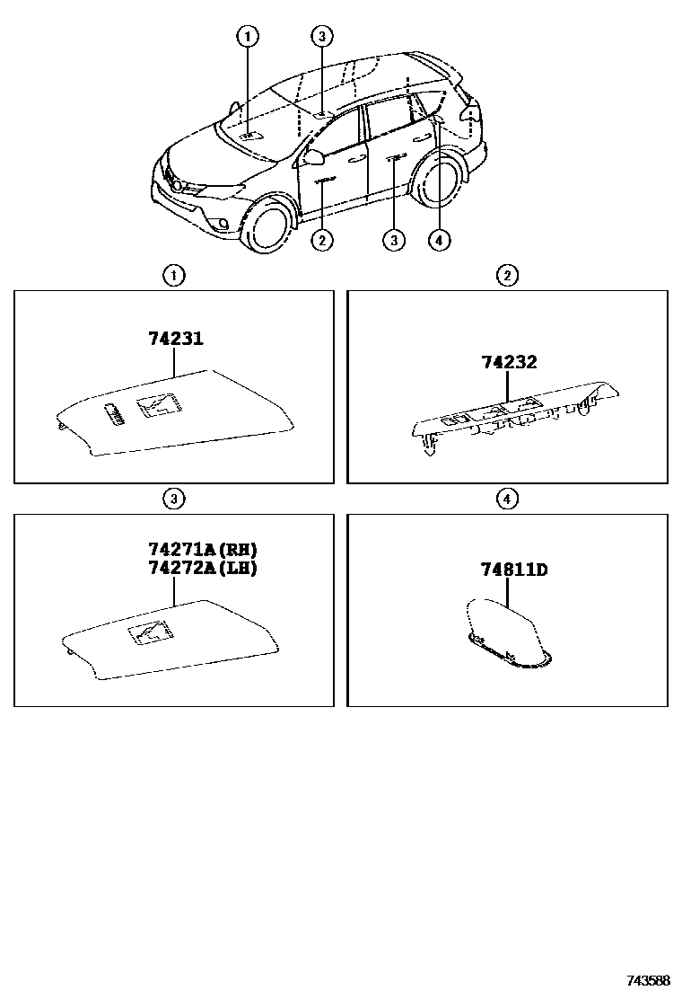 Toyota RAV4 扶手和遮阳板 EPC diagram — 743588