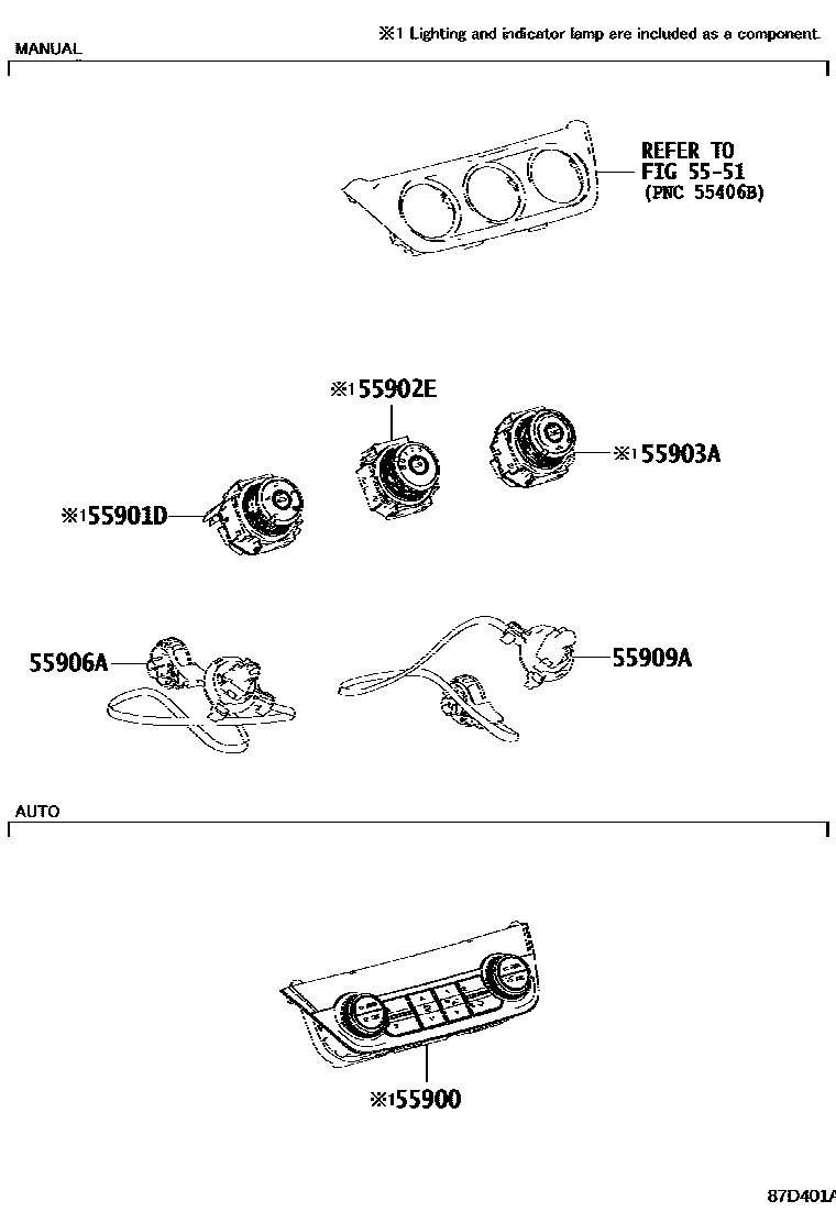 Toyota RAV4 暖风和空调系统 - 控制器和风管 EPC diagram — 87D401A