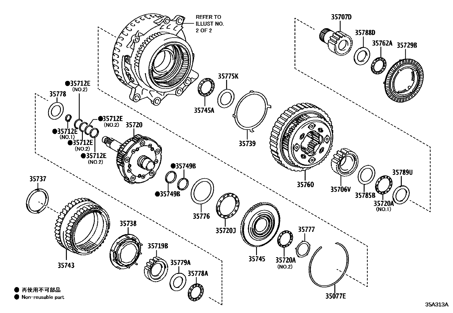 Toyota RAV4 行星齿轮、倒档活塞和中间轴齿轮(ATM) EPC diagram — 35A313A