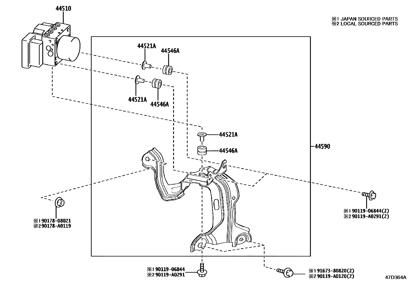Toyota RAV4 制动配管和卡箍 EPC diagram — 47D364A