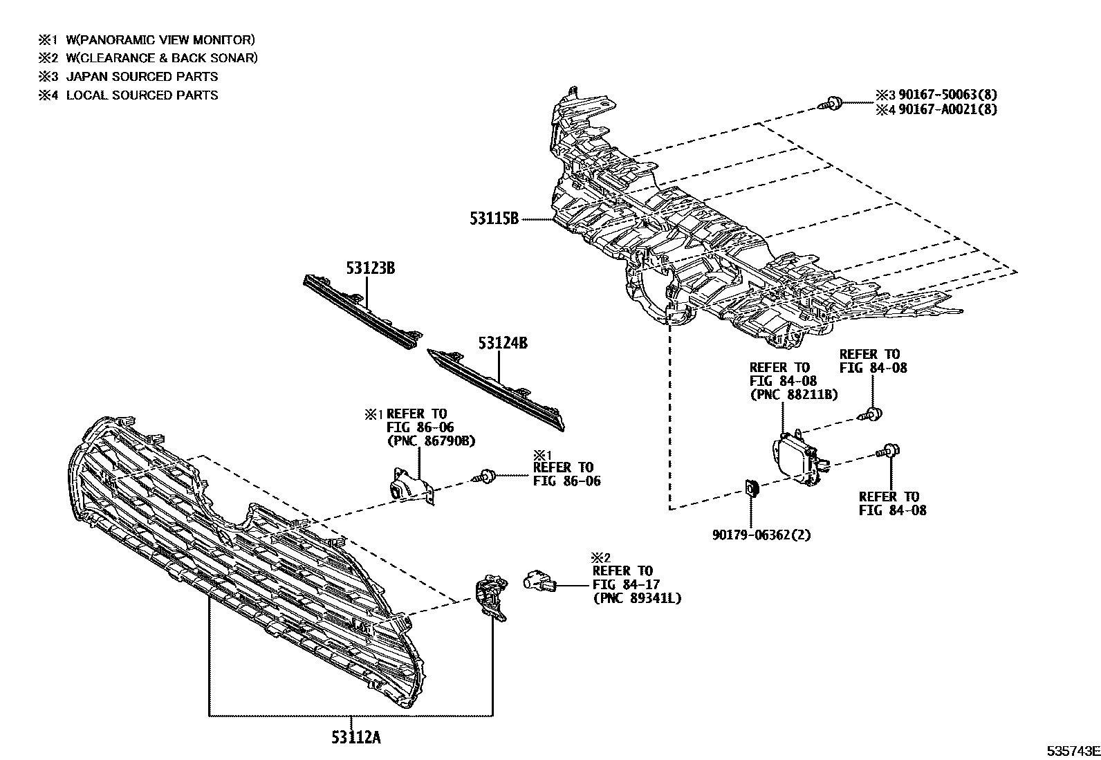 Toyota RAV4 radiator grille EPC diagram — 535743E