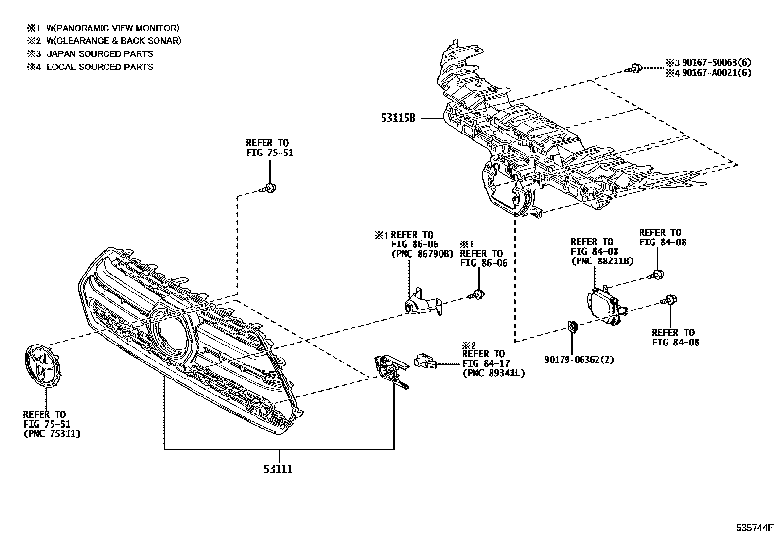 Toyota RAV4 radiator grille EPC diagram — 535744F