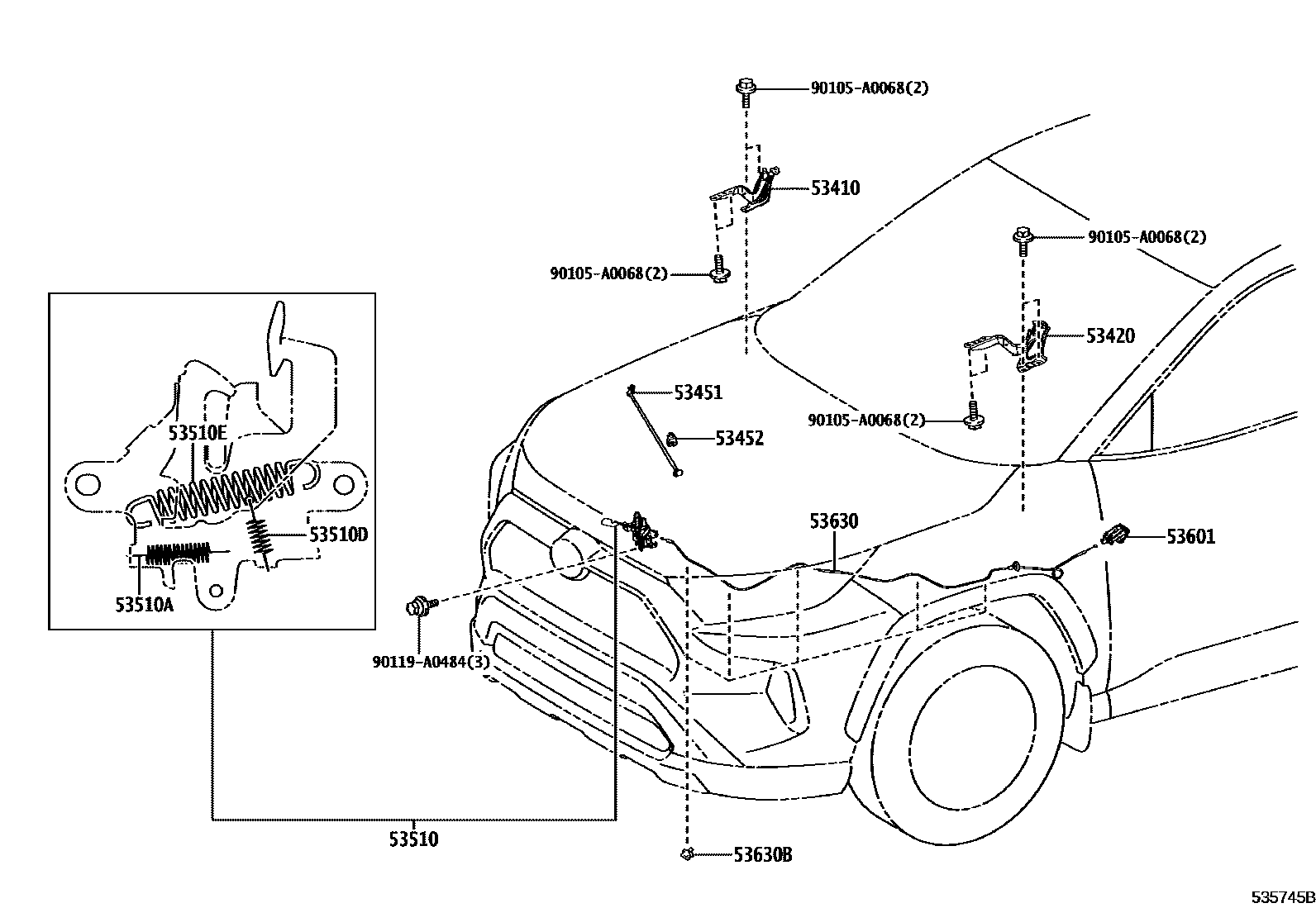 Toyota RAV4 发动机盖锁和铰链 EPC diagram — 535745B
