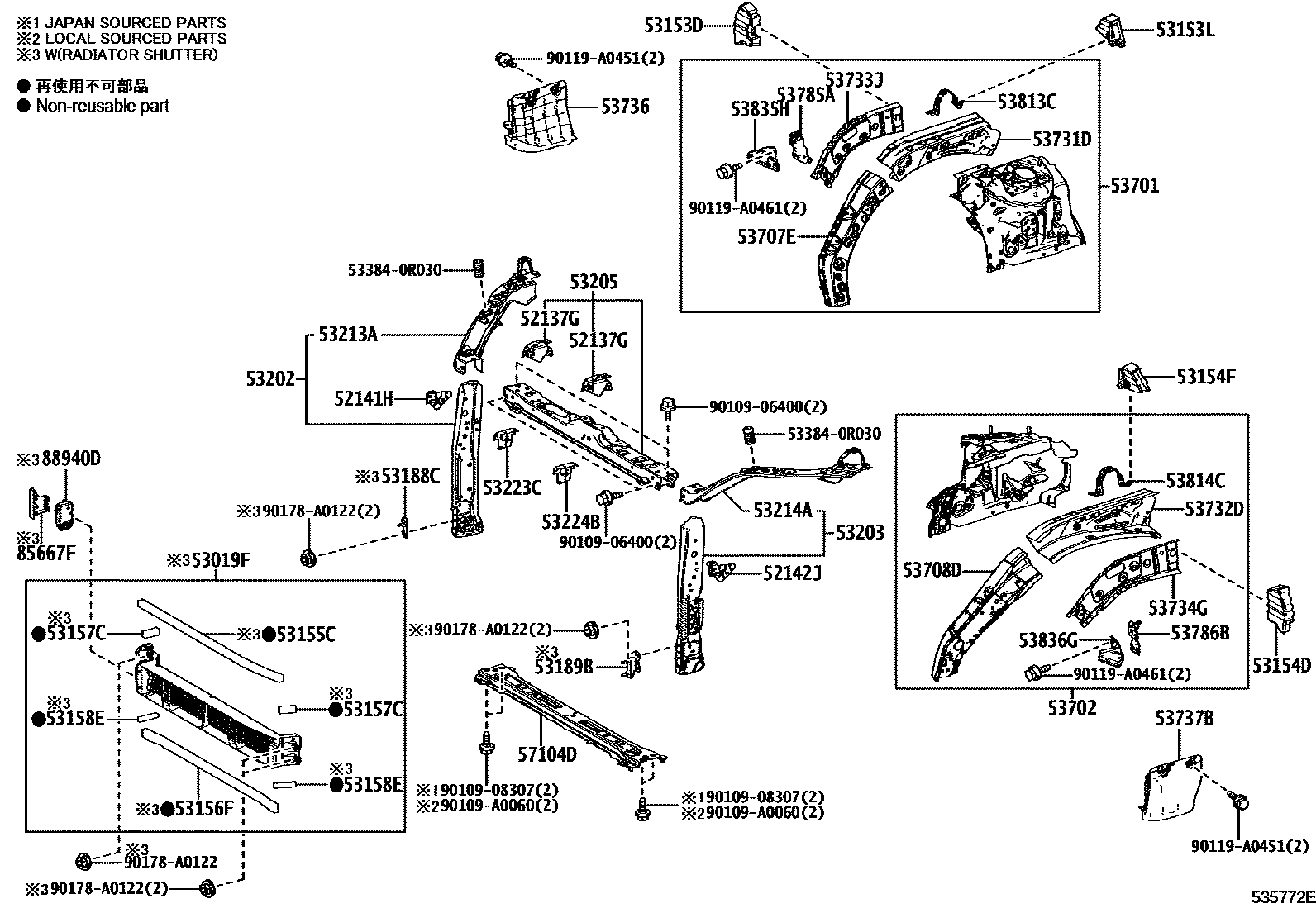 Toyota RAV4 前翼子板挡泥板和前围板 EPC diagram — 535772E