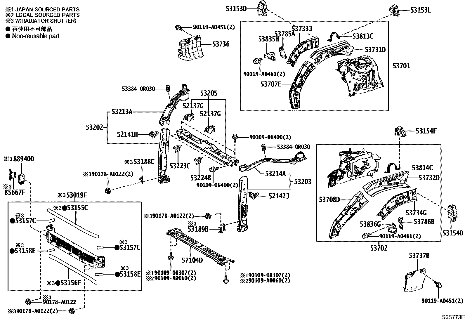 Toyota RAV4 前翼子板挡泥板和前围板 EPC diagram — 535773E