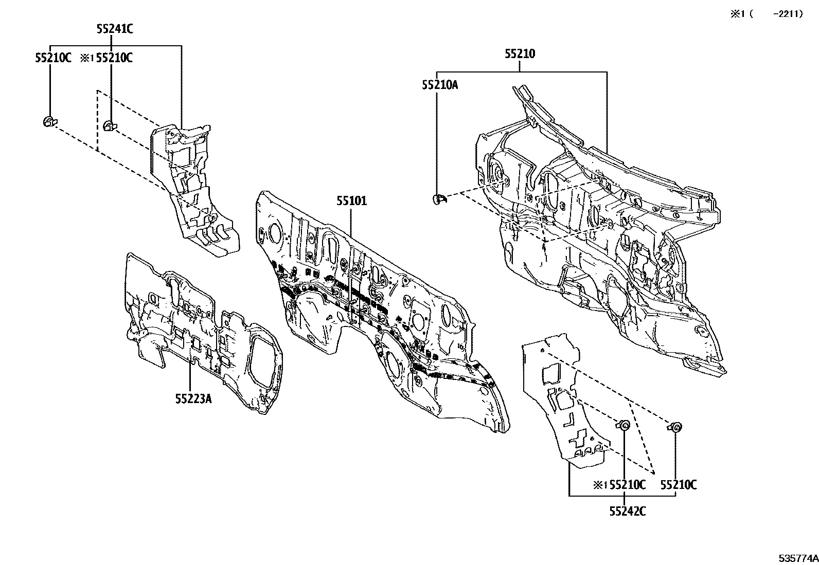 Toyota RAV4 前翼子板挡泥板和前围板 EPC diagram — 535774A