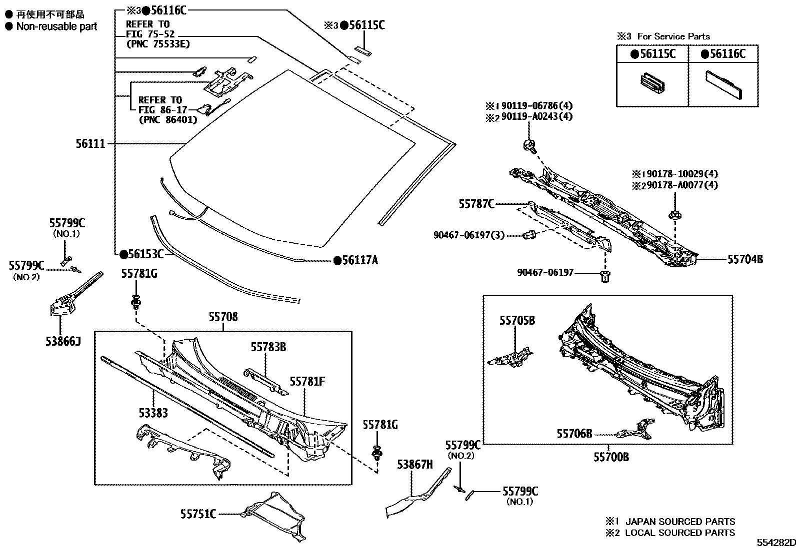 Toyota RAV4 前围板和挡风玻璃 EPC diagram — 554282D