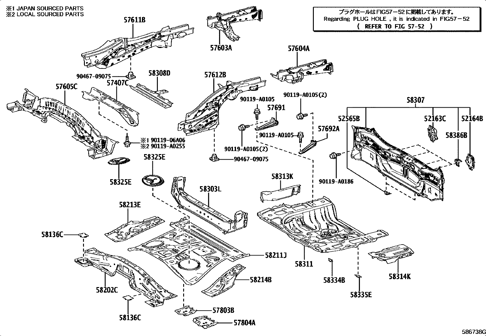 Toyota RAV4 后地板和后地板梁 EPC diagram — 586738G