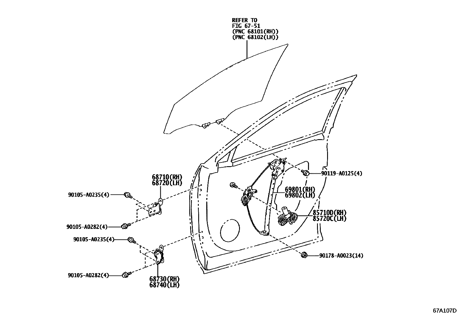 Toyota RAV4 前门车窗升降器和合页 EPC diagram — 67A107D