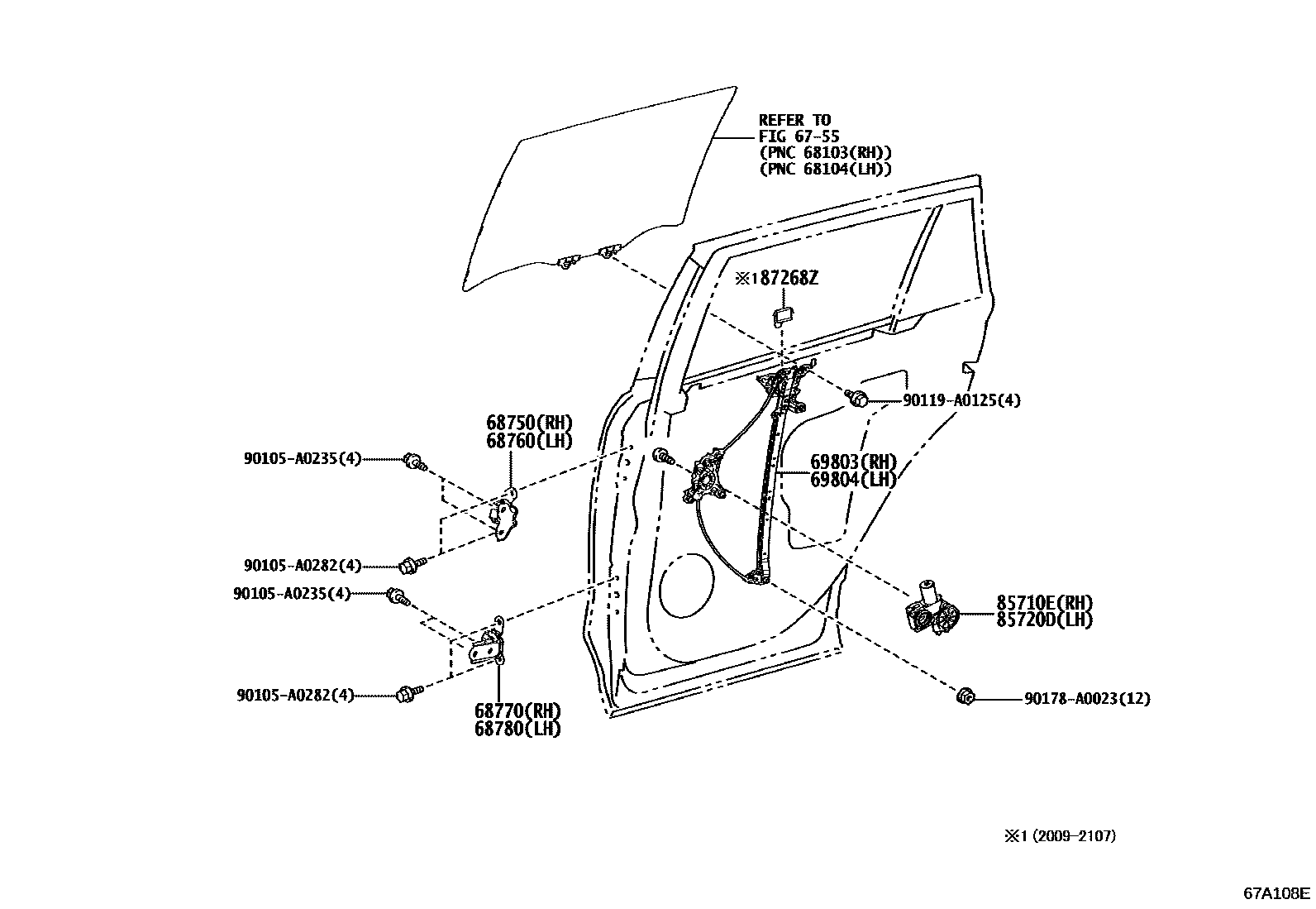 Toyota RAV4 后门车窗升降器和合页 EPC diagram — 67A108E