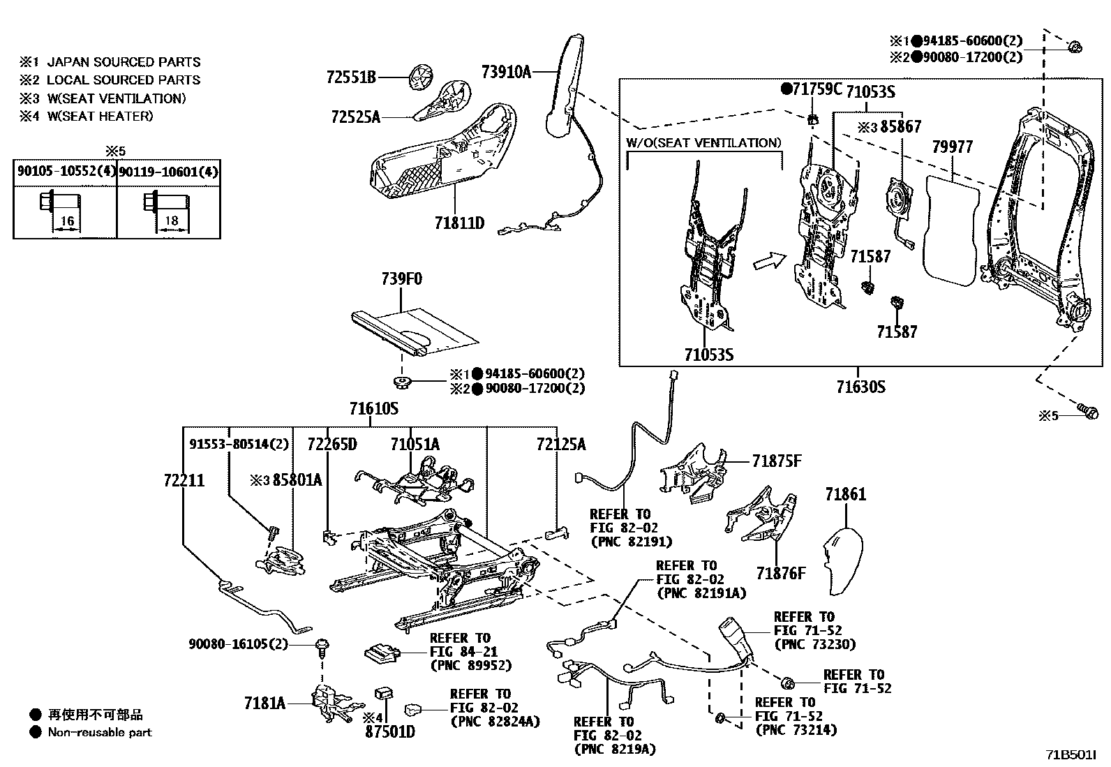 Toyota RAV4 座椅和座椅滑轨 EPC diagram — 71B501I