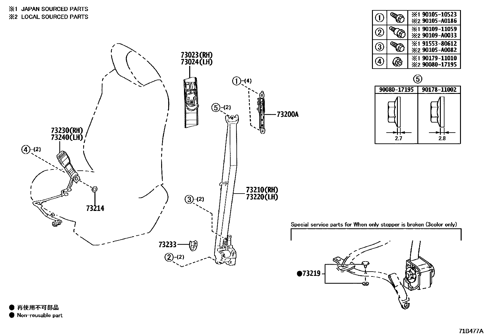 Toyota RAV4 seat belt EPC diagram — 71B477A