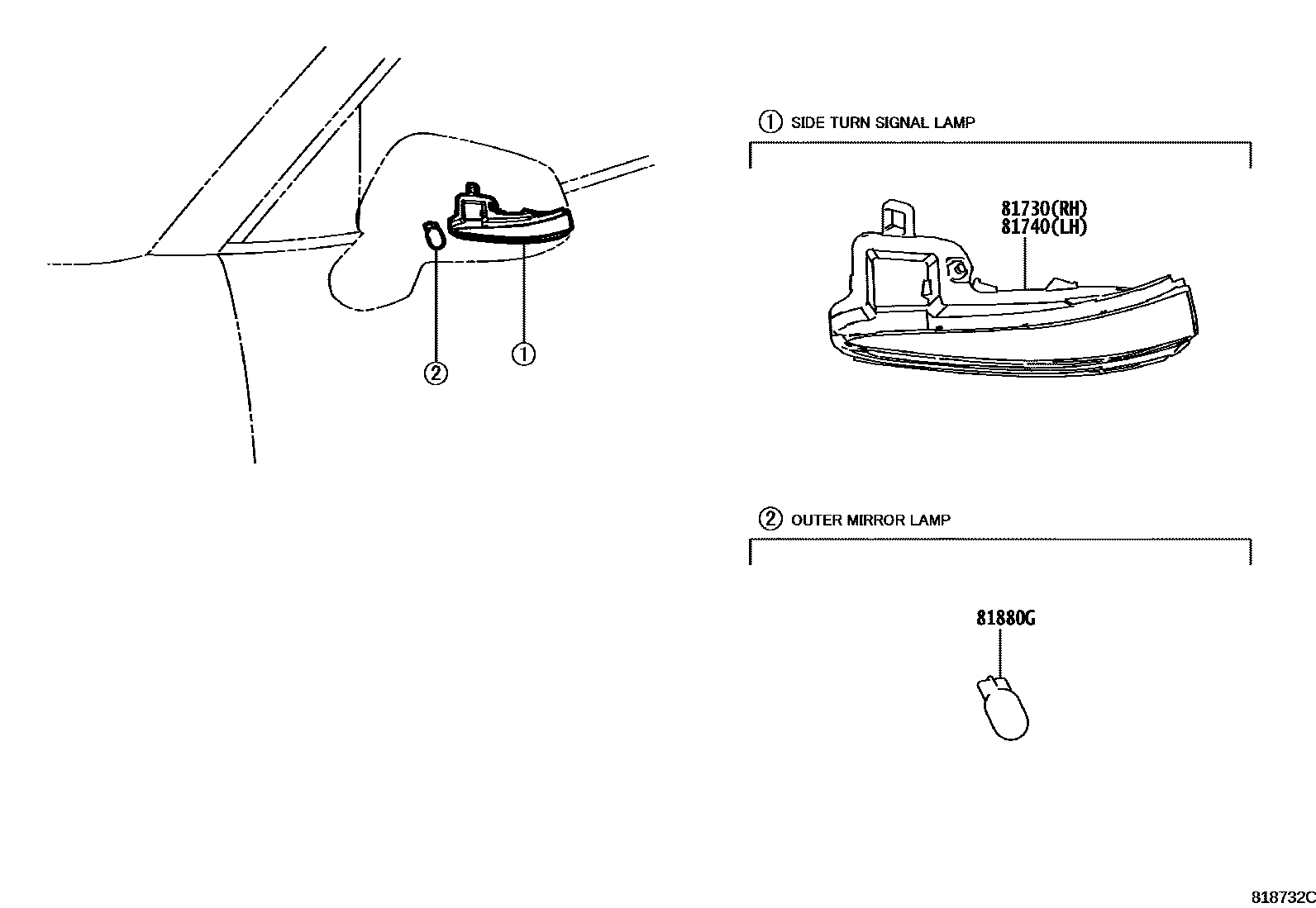 Toyota RAV4 Side Turn Signal & Outer Mirror Lamp EPC diagram — 818732C