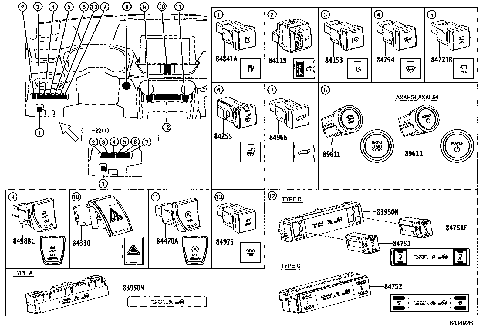 Toyota RAV4 开关和继电器和ECU EPC diagram — 84J492B
