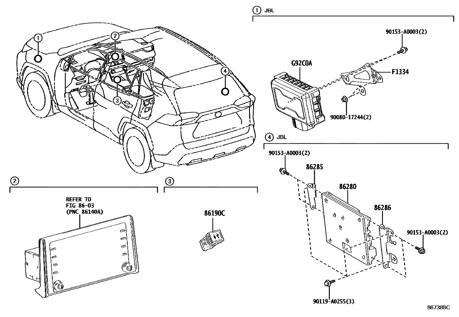 Toyota RAV4 收音机、放大器和冷凝器 EPC diagram — 867388C