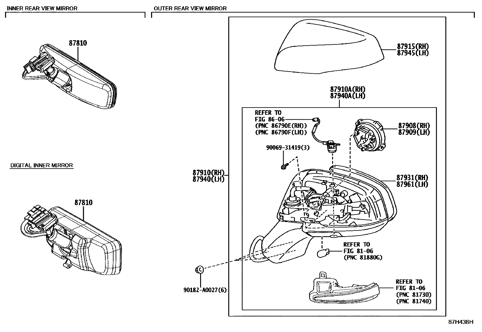 Toyota RAV4 后视镜 EPC diagram — 87H438H