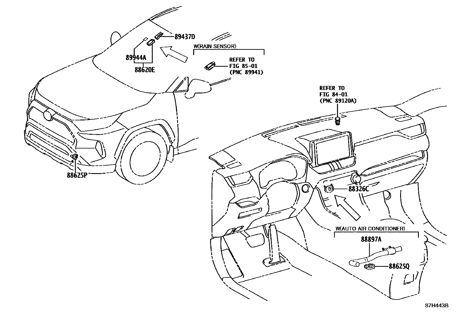 Toyota RAV4 暖风和空调系统 - 控制器和风管 EPC diagram — 87H443B