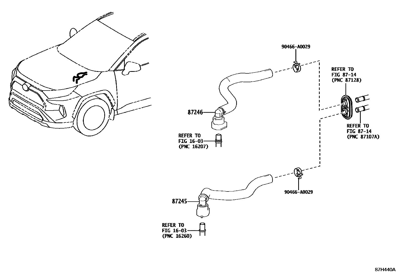 Toyota RAV4 暖风和空调系统 - 水管 EPC diagram — 87H440A