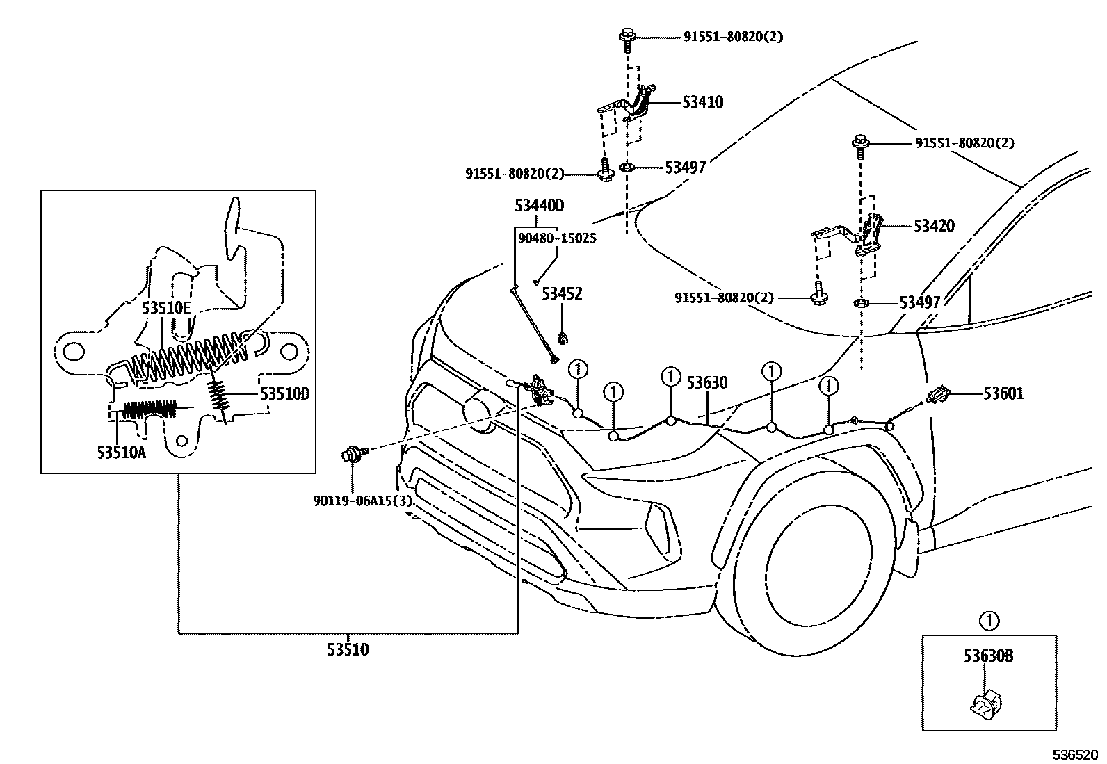 Toyota RAV4 发动机盖锁和铰链 EPC diagram — 536520