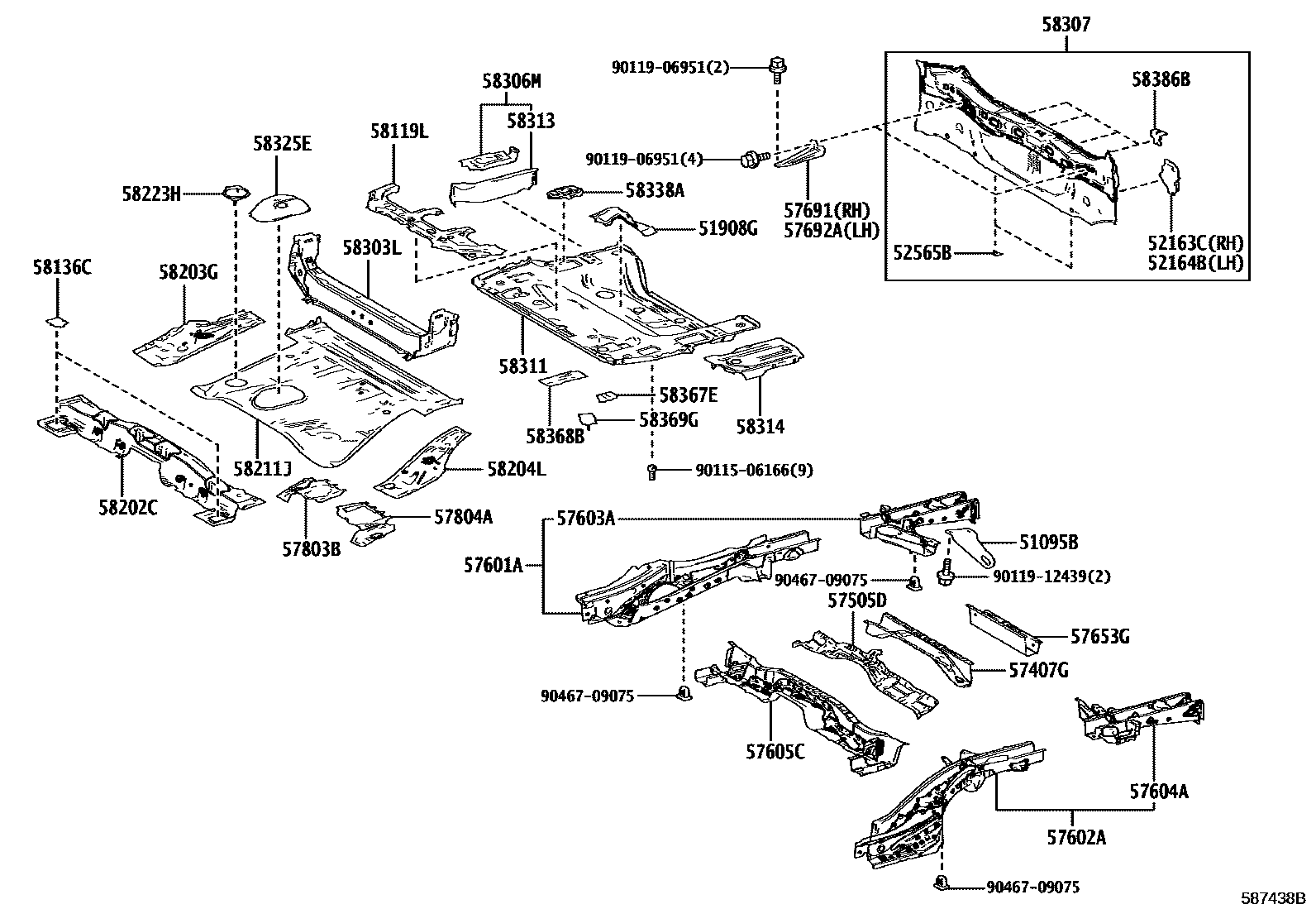 Toyota RAV4 后地板和后地板梁 EPC diagram — 587438B