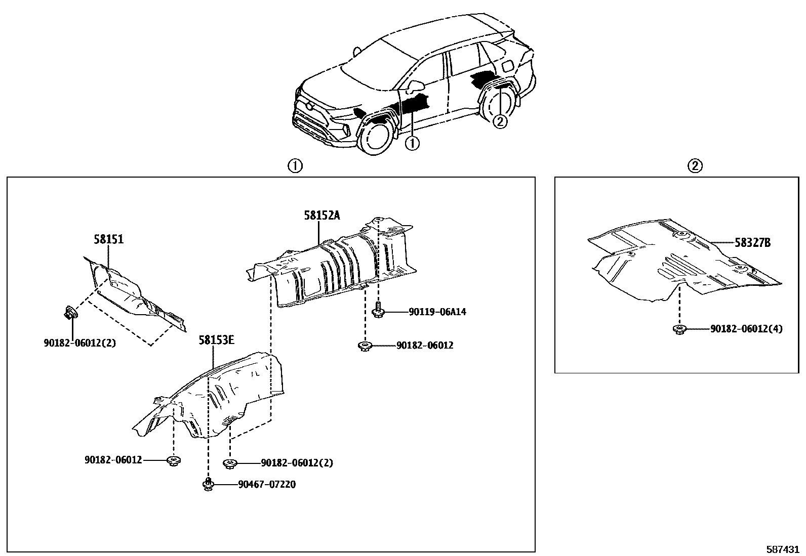Toyota RAV4 地板隔热垫 EPC diagram — 587431