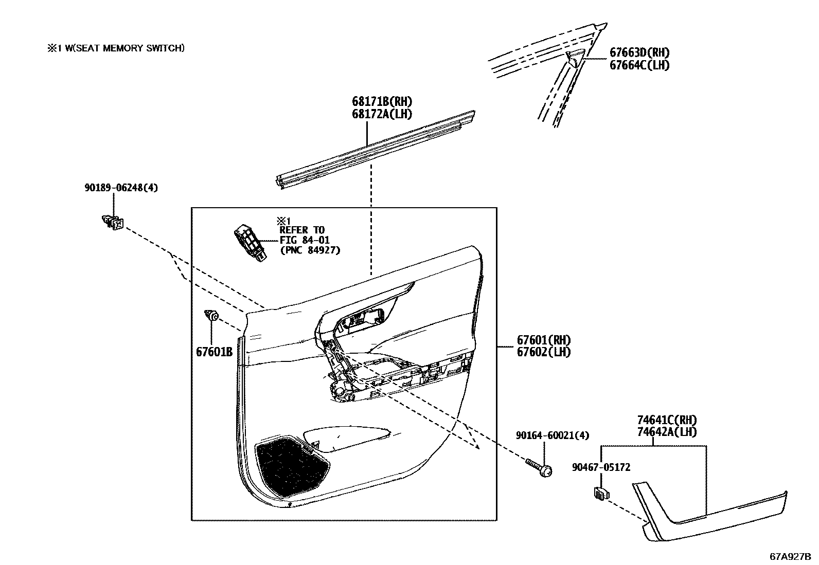 Toyota RAV4 前门板和前门玻璃 EPC diagram — 67A927B