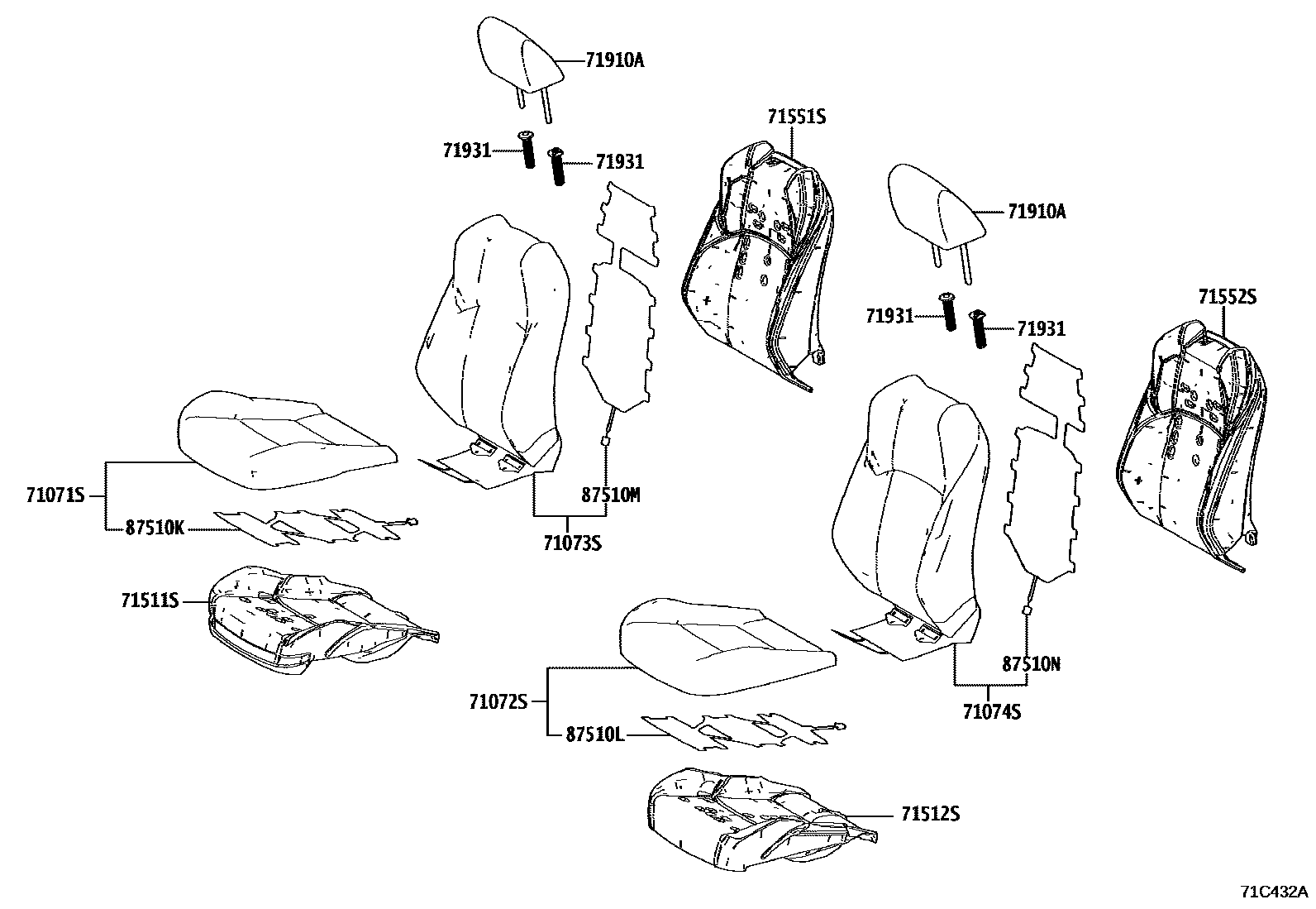 Toyota RAV4 座椅和座椅滑轨 EPC diagram — 71C432A