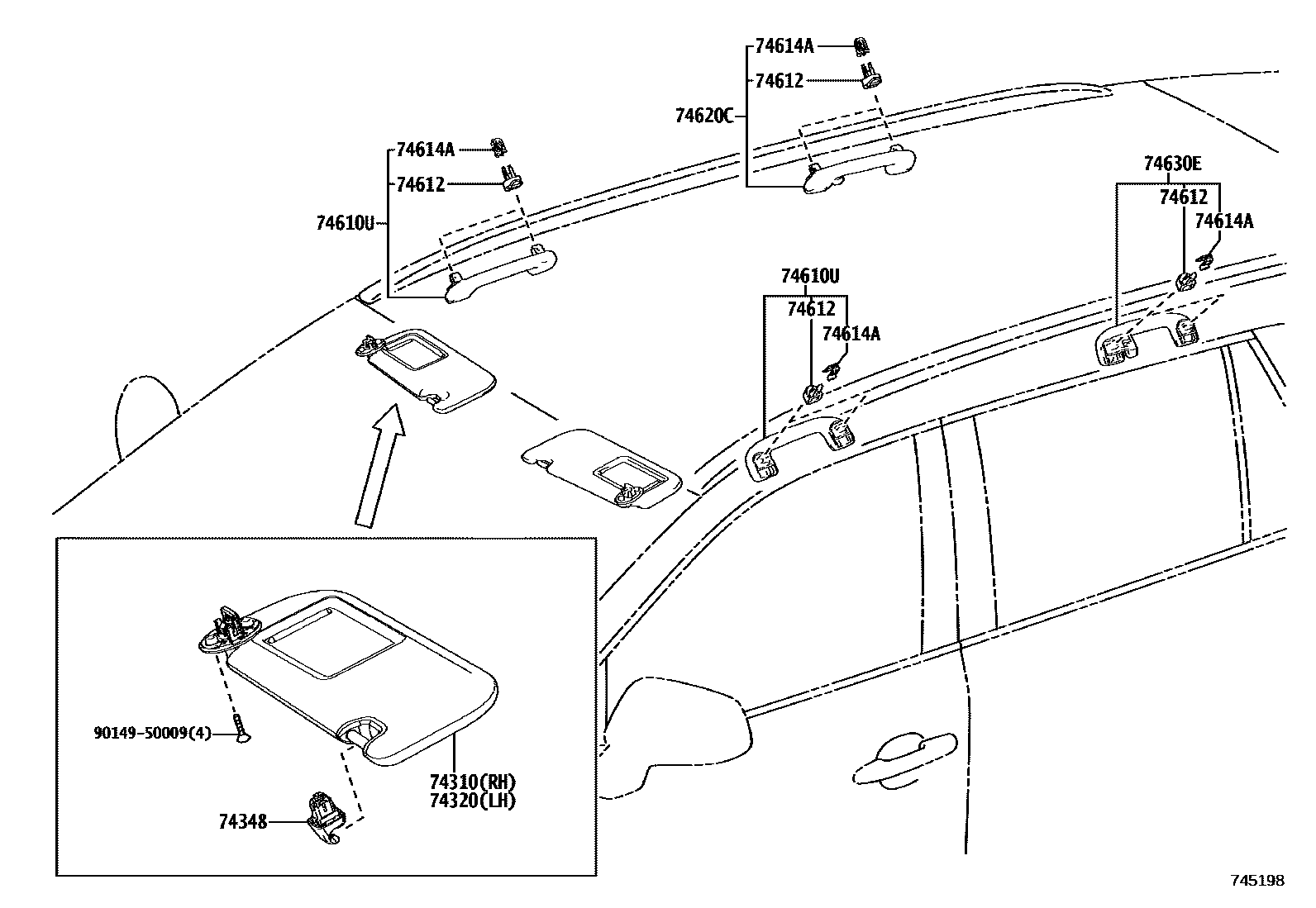 Toyota RAV4 扶手和遮阳板 EPC diagram — 745198