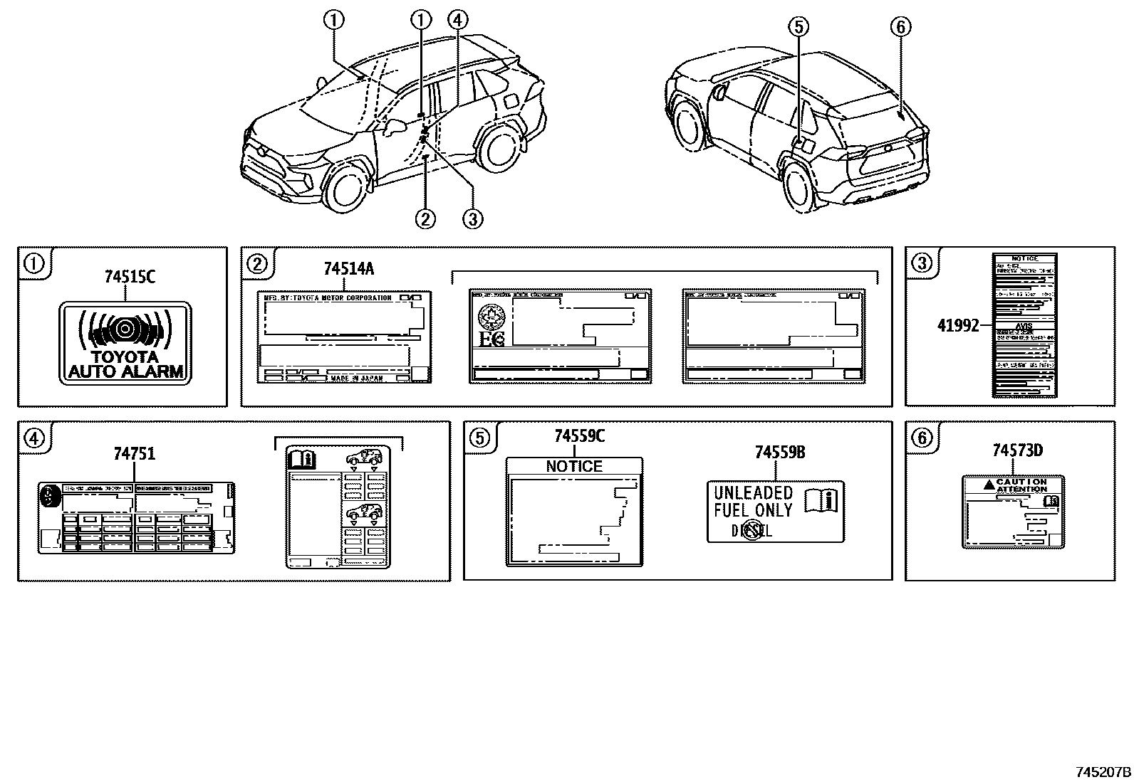 Toyota RAV4 warning nameplate EPC diagram — 745207B