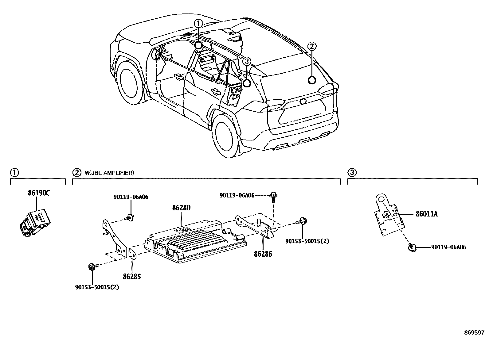 Toyota RAV4 收音机、放大器和冷凝器 EPC diagram — 869597