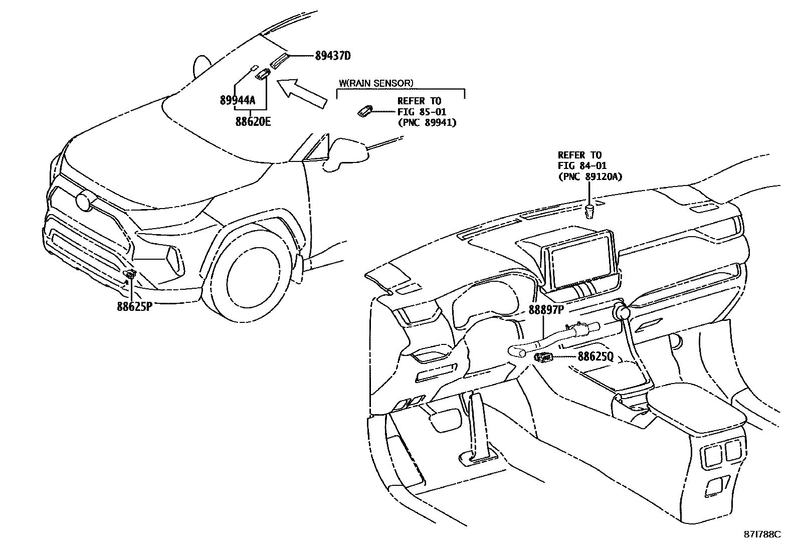 Toyota RAV4 暖风和空调系统 - 控制器和风管 EPC diagram — 87I788C