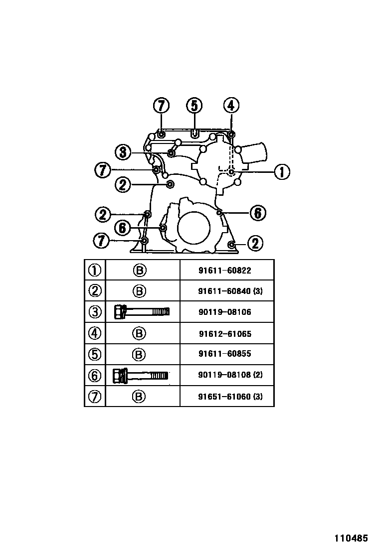 Toyota HILUX Timing Gear Cover & Rear End Plate EPC diagram — 110485