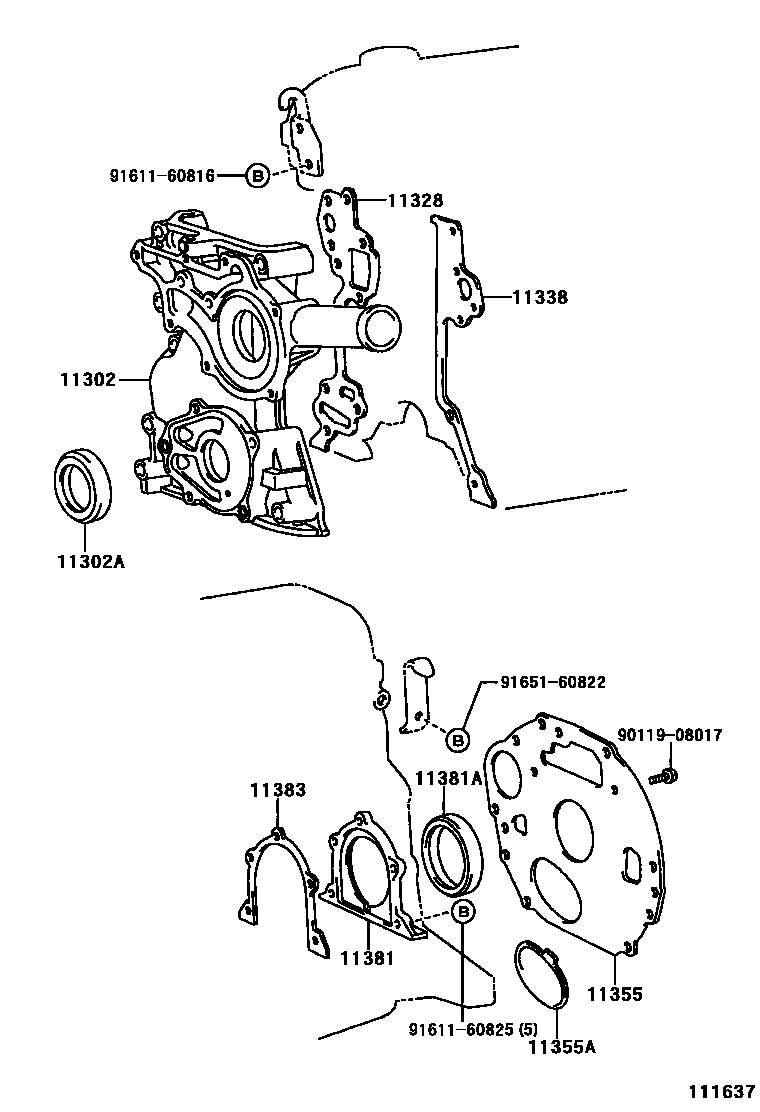 Toyota HILUX Timing Gear Cover & Rear End Plate EPC diagram — 111637