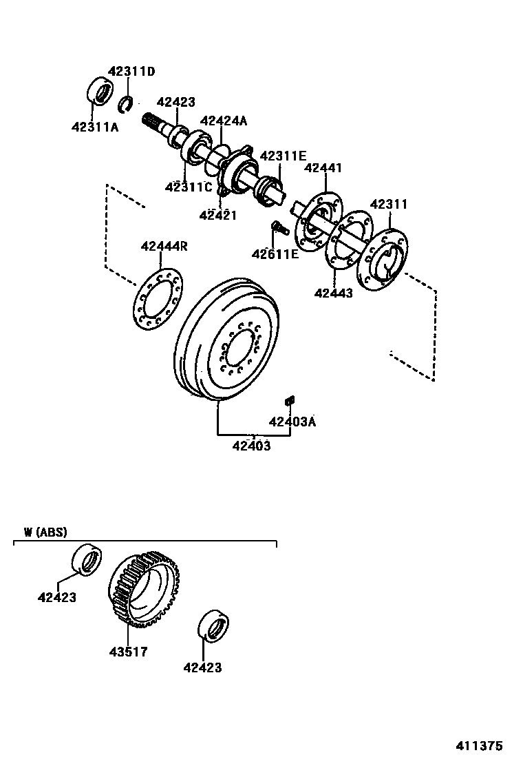 Toyota HILUX 后桥半轴和后桥轮毂 EPC diagram — 411375